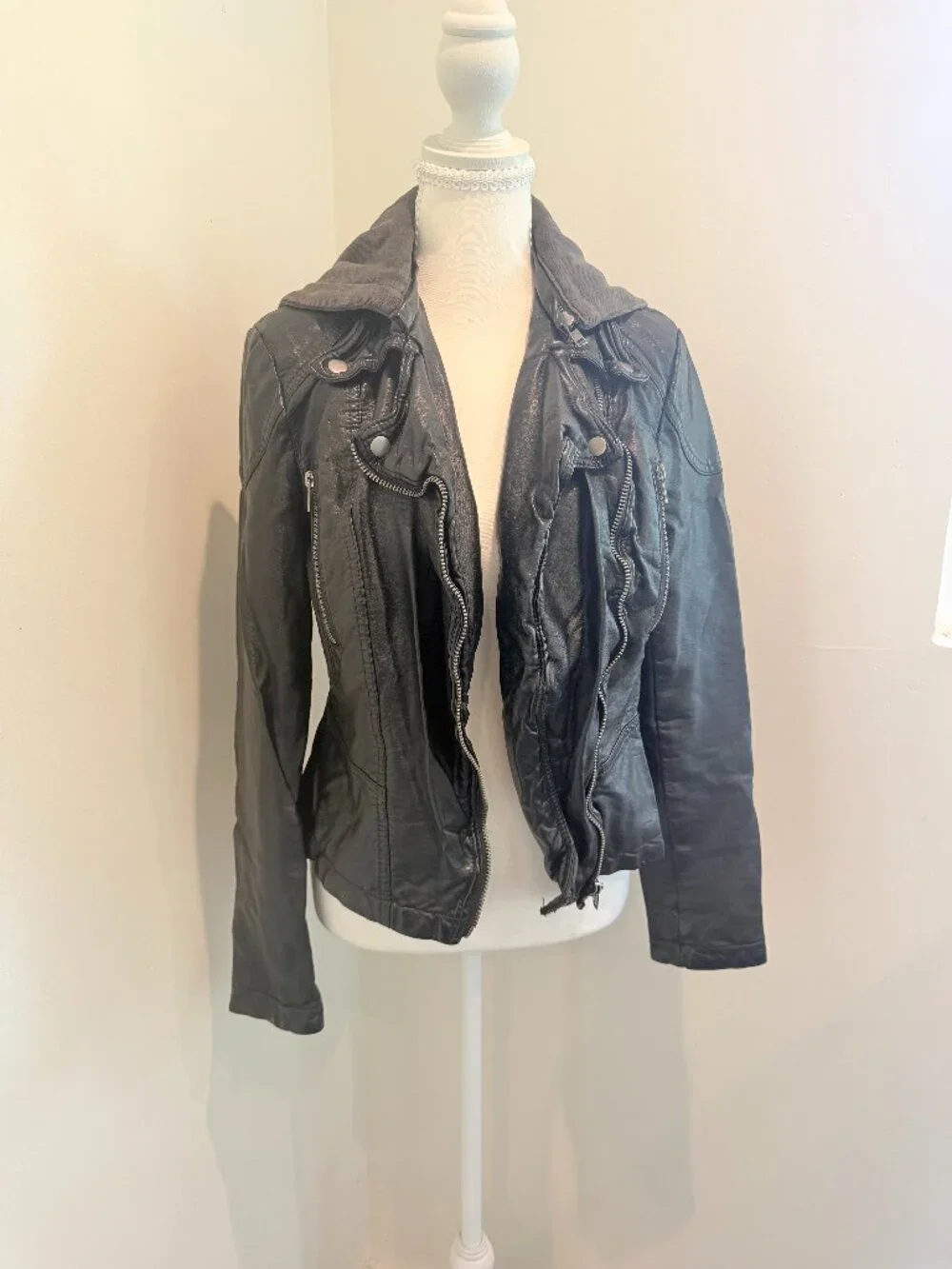 Free People Hooded Vegan Leather Moto Jacket - Black Sz 8